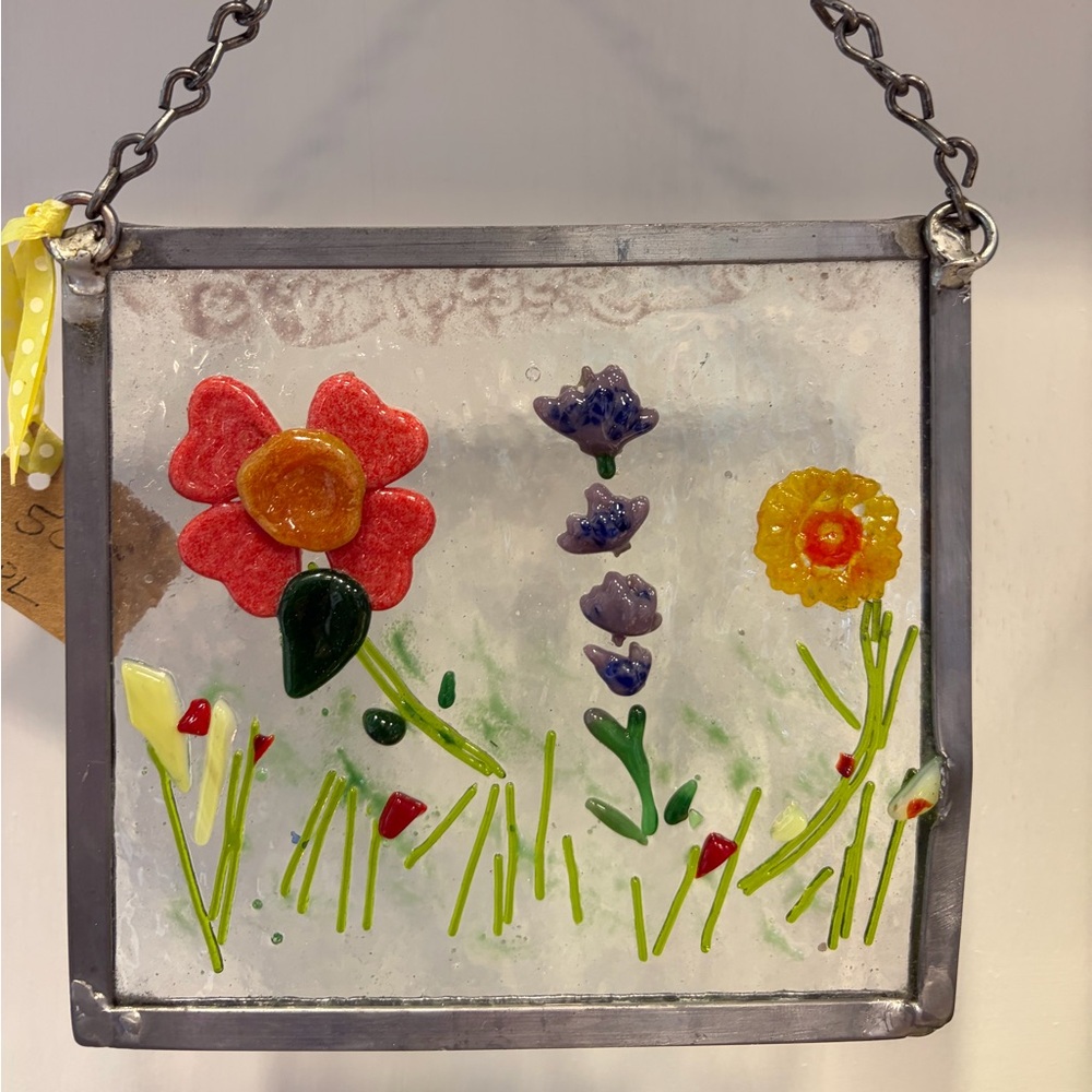 Handmade Glass Floral Hanging Art Panel - Red, Yellow, Purple